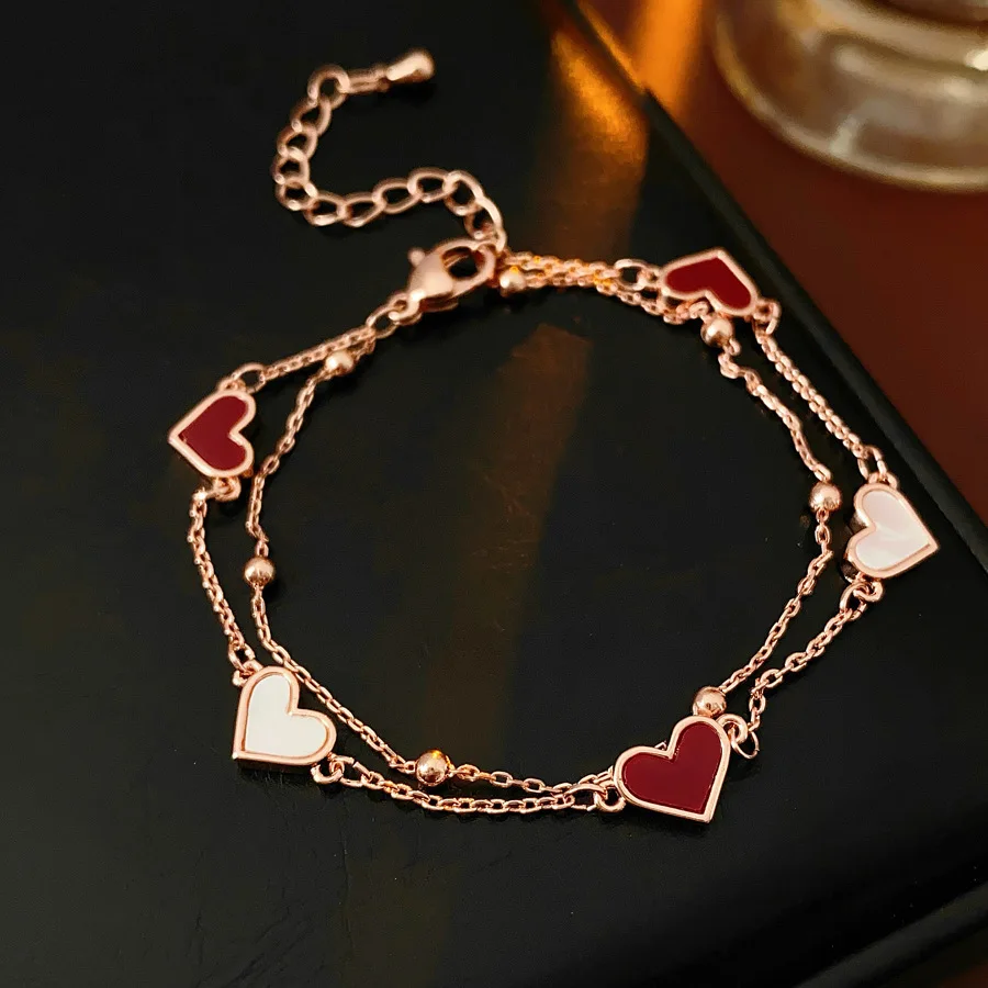 Double Layer Heart Love Chains Bracelets for Women New Stainless Trendy Fritillary Bangles Birthday Gift Party Jewelry C1