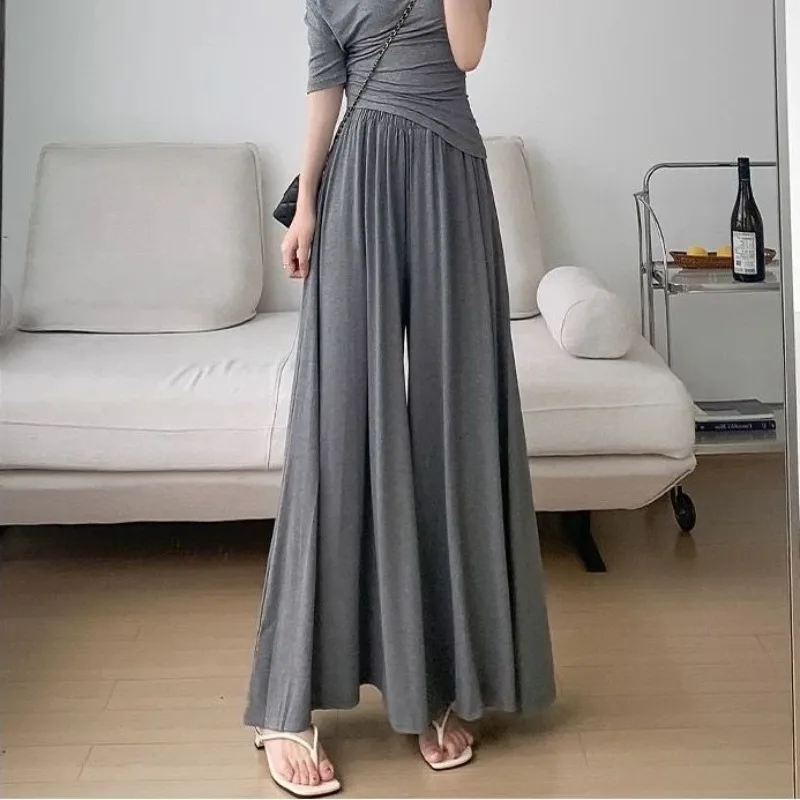 Female Summer Modal Grey Wide Leg Pants Women's New Elastic High Waist, Slim and Falling, Large Swing Straight Leg Casual Pants