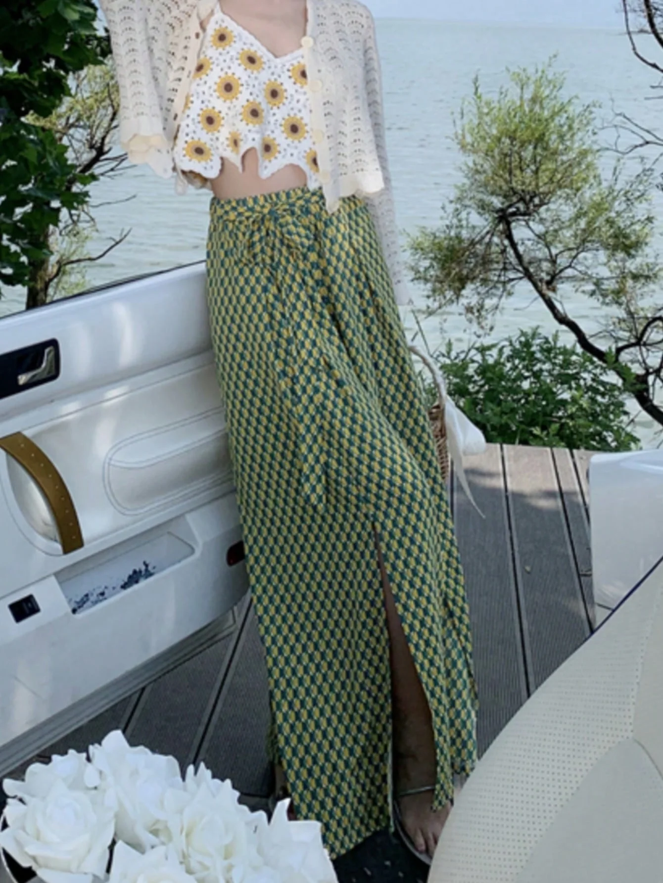 Women Boho Geometric Print Wide Leg Pants High Waist Tie Side Split Trousers Summer Beach Vacation Loose Casual Flowy Pants