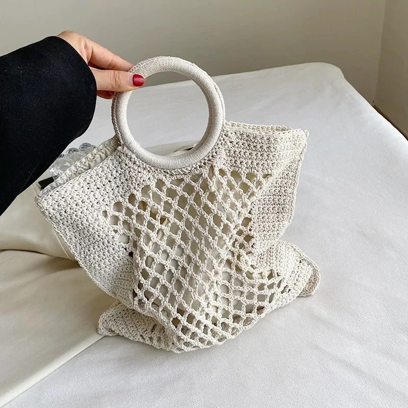 Hollow Knitting Beach Bags for Women Summer Woven Women Handbags Rope Crochet Shoulder Bag Bohemian Round Handle Straw Bags NEW