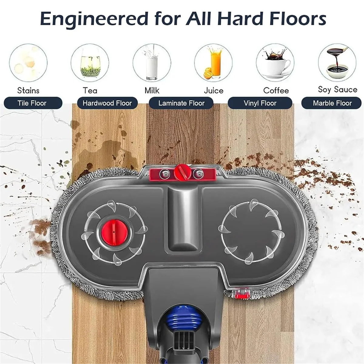 Perlengkapan Kepala Pel Elektrik Populer untuk Dyson V7 V8 V10 V11 V15, Motor Putar Ganda dengan 6 Buah Bantalan Pel Dapat Dicuci