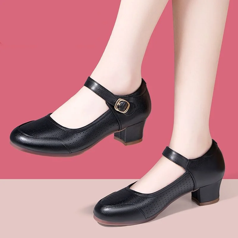 4cm Breathable Comfortable Shallow Mouth Soft Leather Mary Janes Platform Shoes 2026 Spring Med Block Heels Dance Work Shoes Mom