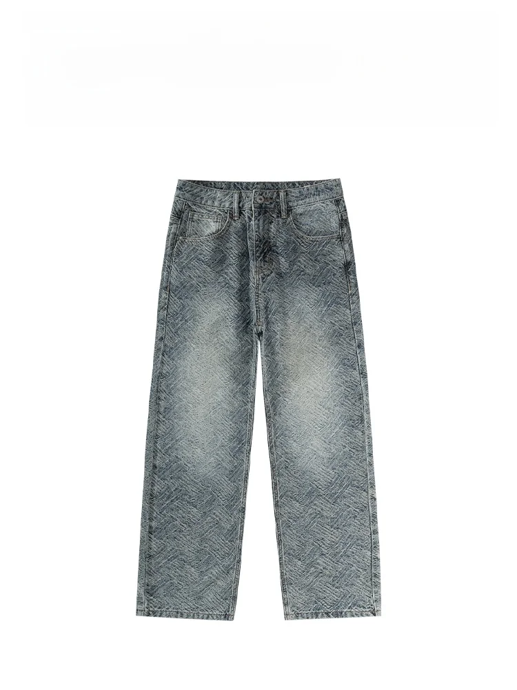 

High Street Fashion Men's Premium Quality Casual Loose Straight Leg Embroidered Jeans Long Trousers Trendy mid Waist Zipper C...