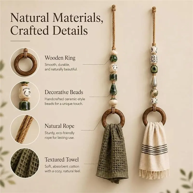 ABMH-Wooden Ring Decorative Beaded Towel Hanger With Beads For Bathroom And Kitchen Space Saving Hanging Rack 2-Pack