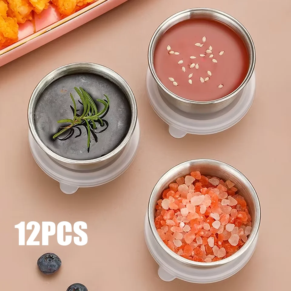 Recipiente para aderezo de ensalada, platos para salsa, taza pequeña portátil de acero inoxidable con tapas a prueba de fugas, tazas para inmersión, 40ML, 1/6 Uds.