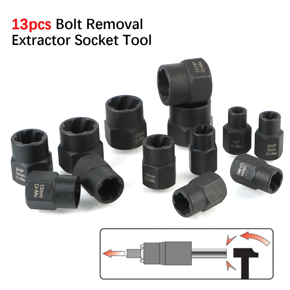 13PCS Damaged Stripped Nut and Bolt Nut Extractor Socket Remover Kit Impact Bolt Nut Screw Remover Tool Set 3/8