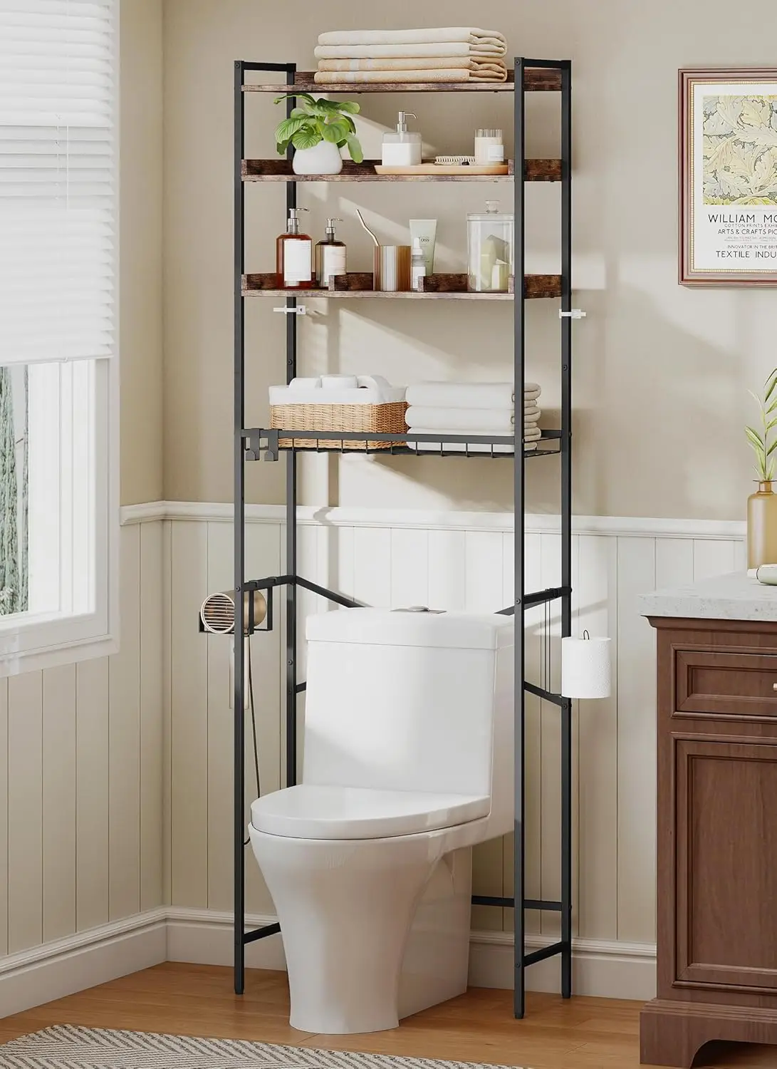 

4 Tier Over The Toilet Storage Shelf with 3 Adjustable Shelves, Space Saver Bathroom Organizer with 4 Hooks, Freestanding Abo