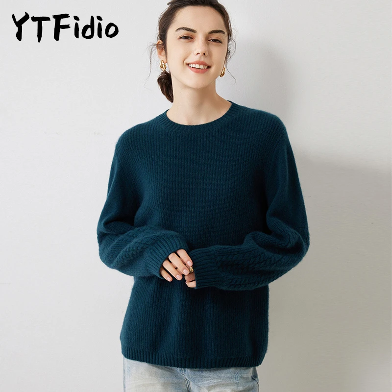 YTFidio 100% Cashmere Women O-neck Puff Sleeve Solid Knitted Tops Sweaters Soft Warm Loose Casual Pullovers Jumpers 28