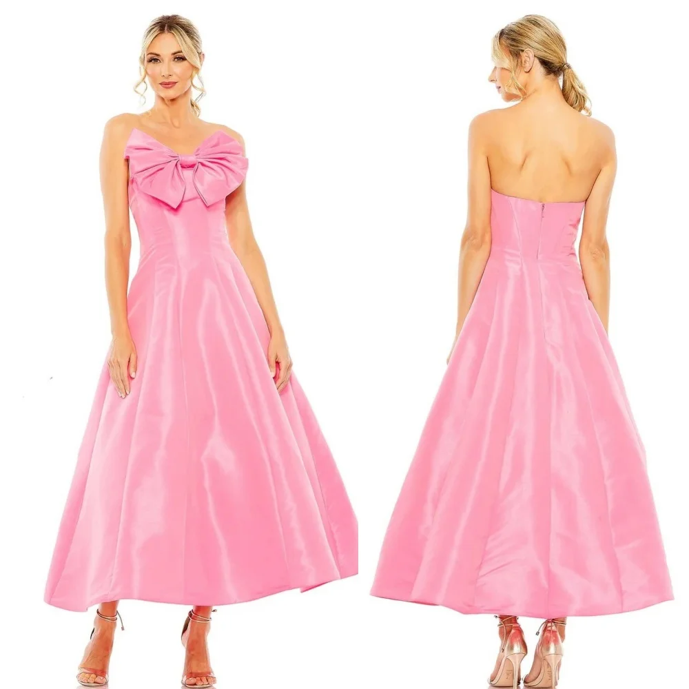 

Modern Style Classic Satin Bow Pleat Ruched A-line Strapless Midi Dresses Cocktail Dresses Retro High Quality Matching Casual