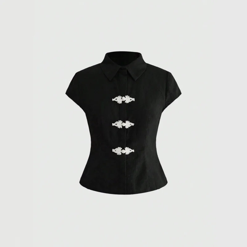 Chinese style contrasting color plate buckle back bow tie tie, waist cinching fly sleeve top, new Chinese style short shirt vest