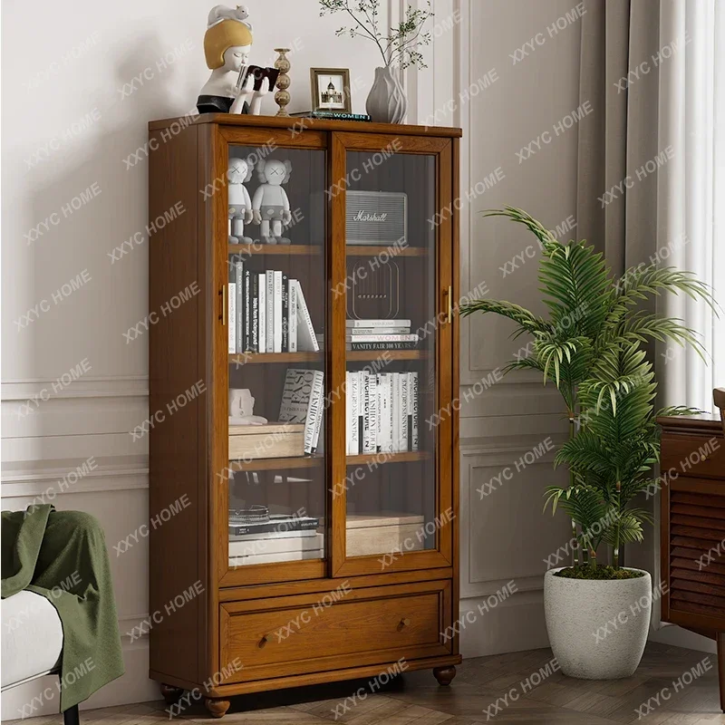 Solid Wood Floor Storage Cabinet Modern Minimalist with Sliding Door Shelf Display Cabinet