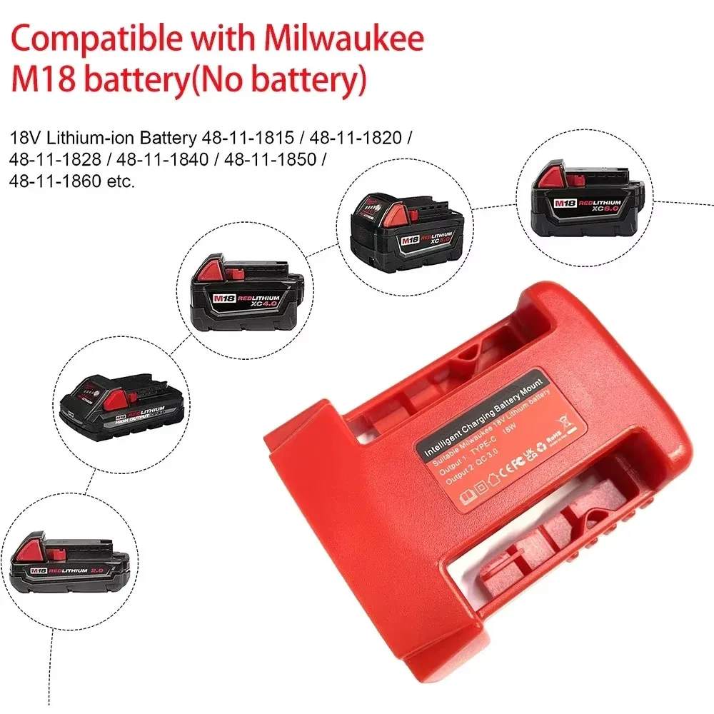 USB nabíjecí adaptér pro Milwaukee 18V lithiovou baterii, přenosný port typu C, rychlé nabíjení, držák na baterie, pouzdro - náhled 5