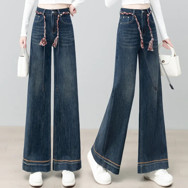 

Модные женские прямые джинсы с высокой талией и вышивкой, новый осенний стиль, универсальные брюки длиной до пола, свободные широкие утягивающие брюки