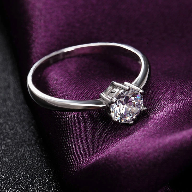 Huitan Six Claw Cubic Zirconia Wedding Ring for Women Silver Color Simple Elegant Engagement Proposal Rings Gift Fashion Jewelry