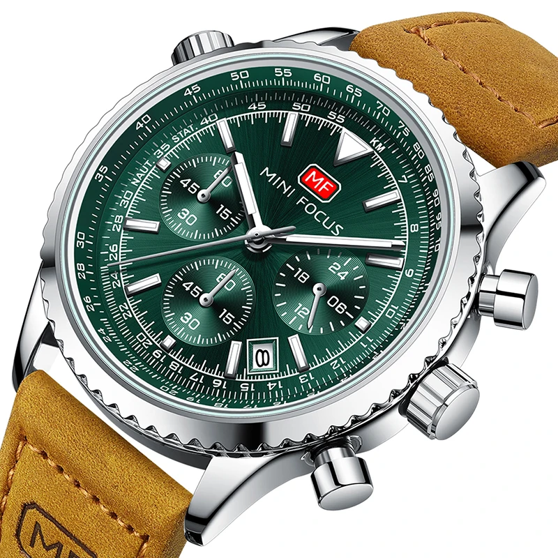 

2025 MINI FOCUS MF0463G Men Business Quartz Watches Green Dial Genuine Leather Strap Chronograph Calendar Waterproof Watch