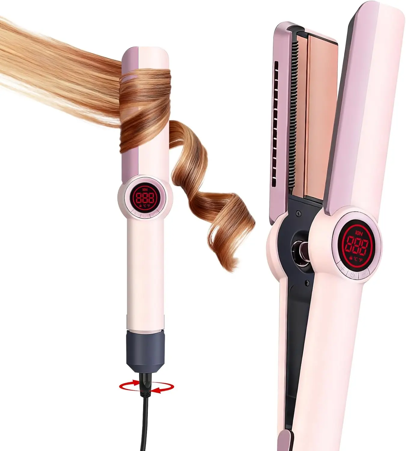 

2-in-1 Hair Straightener and Curler with Ionic Technology, Fast Heat-Up, LED Display for All Hair Types