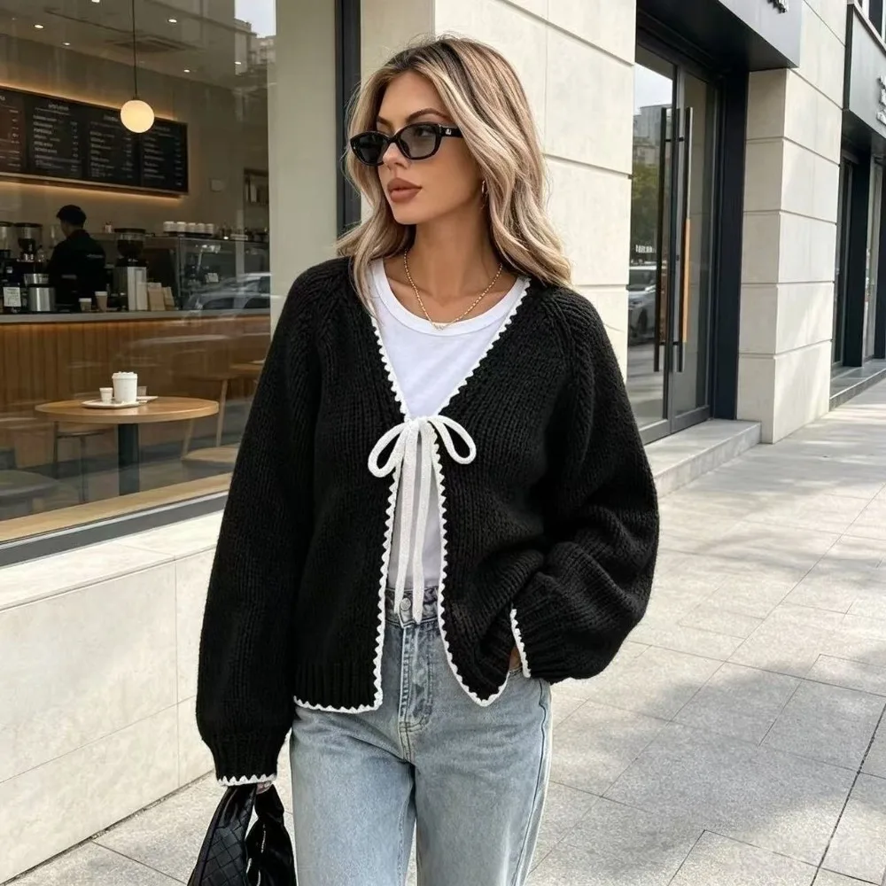 Elegant Loose Fit Knit Cardigan Long Sleeve Comfortable Knitted Sweater V-Neck Tie-up Women's Cardigan Casual Wear