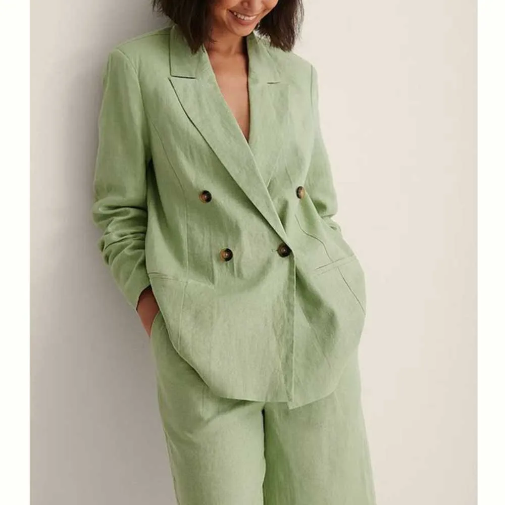 New Arrival Fashion Green Women's Suits 2 Piece Jacket Pants Double Breasted Female Clothing Smart Causal Office Blazer Sets