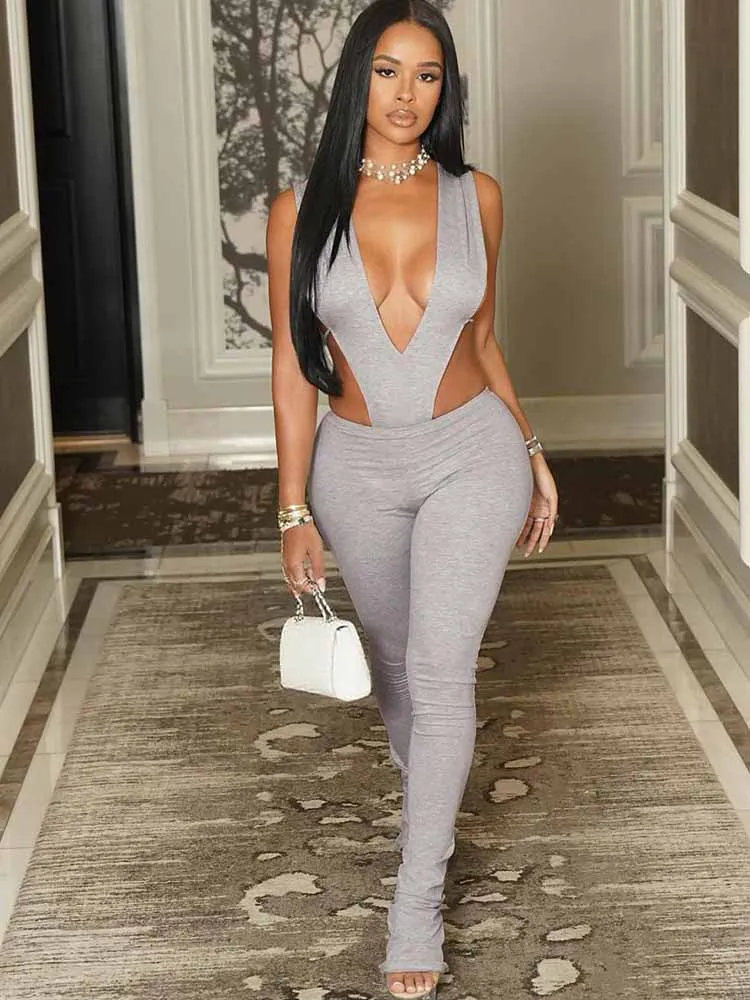 

BKQU хипстерский сексуальный комплект из 2 предметов, женский боди без рукавов с глубоким v-образным вырезом + леггинсы, одинаковый спортивный костюм, наряды для вечеринок в ночном клубе для девочек