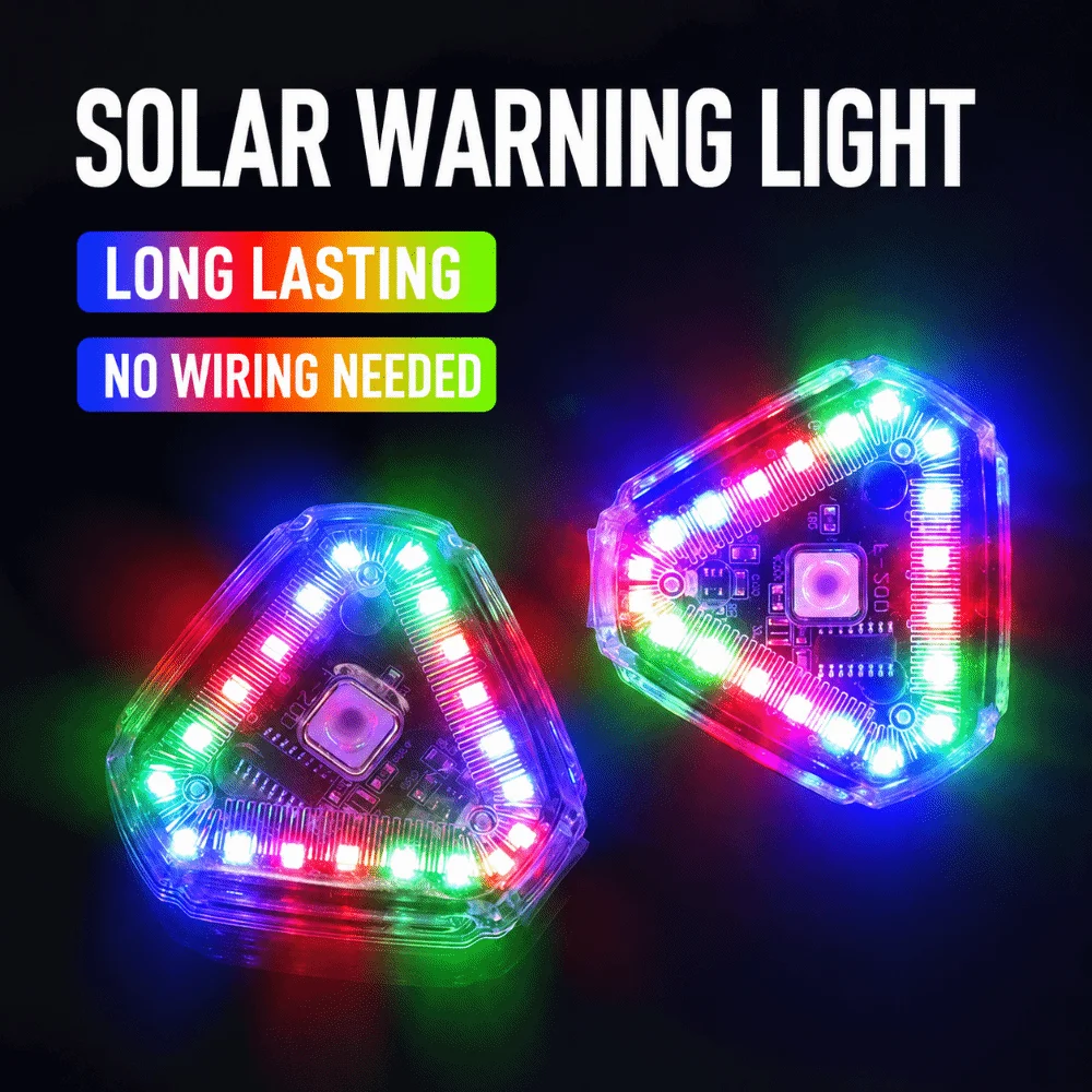 Bright Solar Powered Warning Light Waterproof Triangle Strobe Signal Lamp Colorful LED Car Rear Collision Light Night Riding