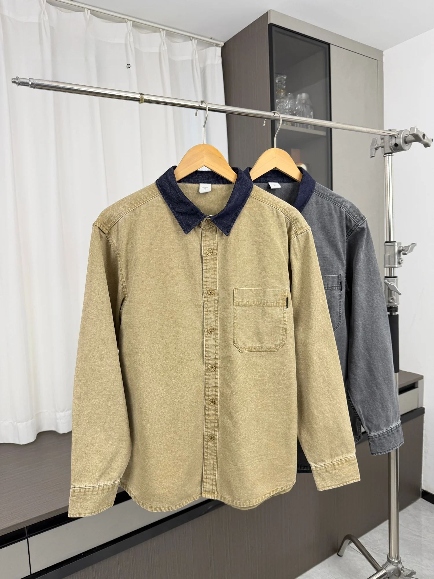 American Retro Cotton Washed Men's Loose Casual Color Block Collar Long Sleeve Shirt Autumn Fashion Urban Style Breathable