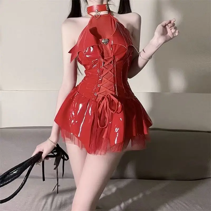 Women Leather Bodysuit Lolita Skirt Set Uniform Suit Sexy Maid Outfit Christmas Cosplay Costume Bat Imp Western IP Roleplay view 5