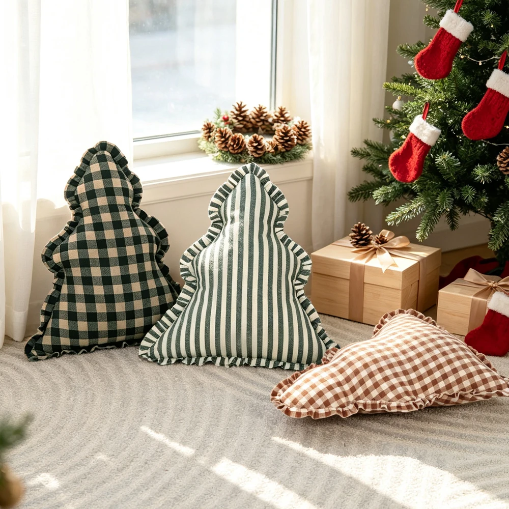 BUYNOW Christmas Tree Cushion Throw Pillow with Lace Trim Filled Festive Home Decor for Sofa Bed Holiday Gift Xmas Decoration