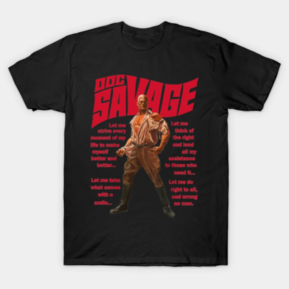 Camiseta negra de algodón para hombre con diseño de Doc Savage, retrato de personaje de héroe vintage, cita inspiradora clásica en rojo, camiseta gráfica retro para fanáticos.