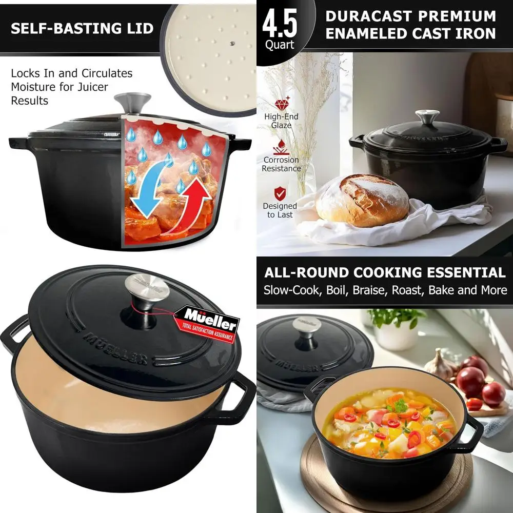 

Black 4.5 QT Enamel Cast Iron Dutch Oven, Heavy-Duty Casserole & Braiser Pan with Lid and Stainless Knob, Oven-Safe to 500° F, S