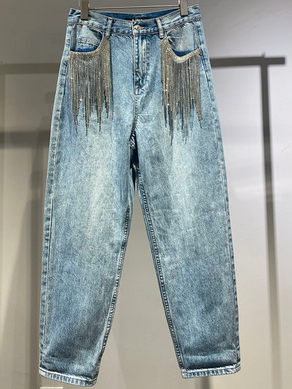 

High-End Tassel Rhinestone Chain Bling Shiny Jeans Women Spring Autumn Irregular Full Diamond Straight Denim Trousers Streetwear