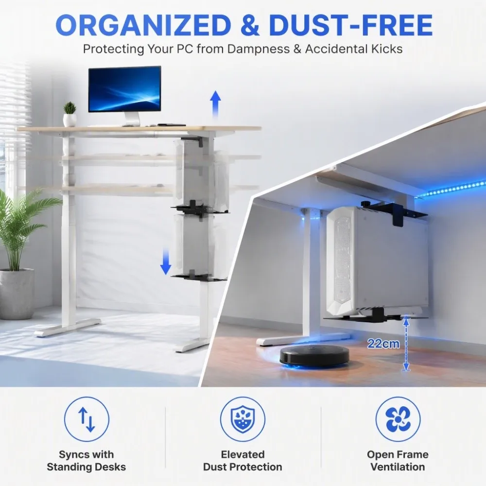 Adjustable Under Desk PC Mount Suit Square Tube Legs Silicone Pads Computer Holder Non-Slip Pads Clamp-On PC Holder