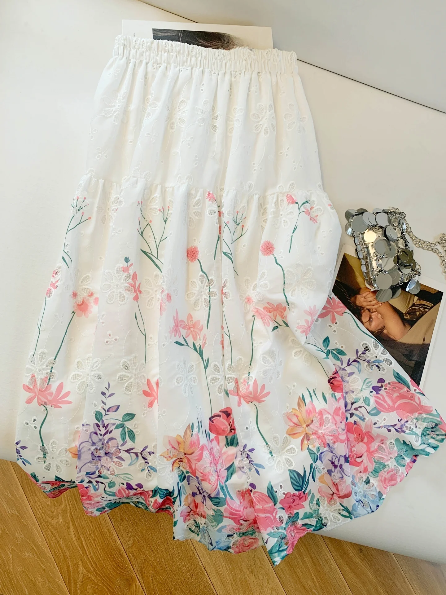 

Сладкая юбка миди А-силуэта с вышивкой и ажурными вставками, женская юбка с высокой талией из кружевной ткани, повседневная, в стиле феи, с ажурным дизайном