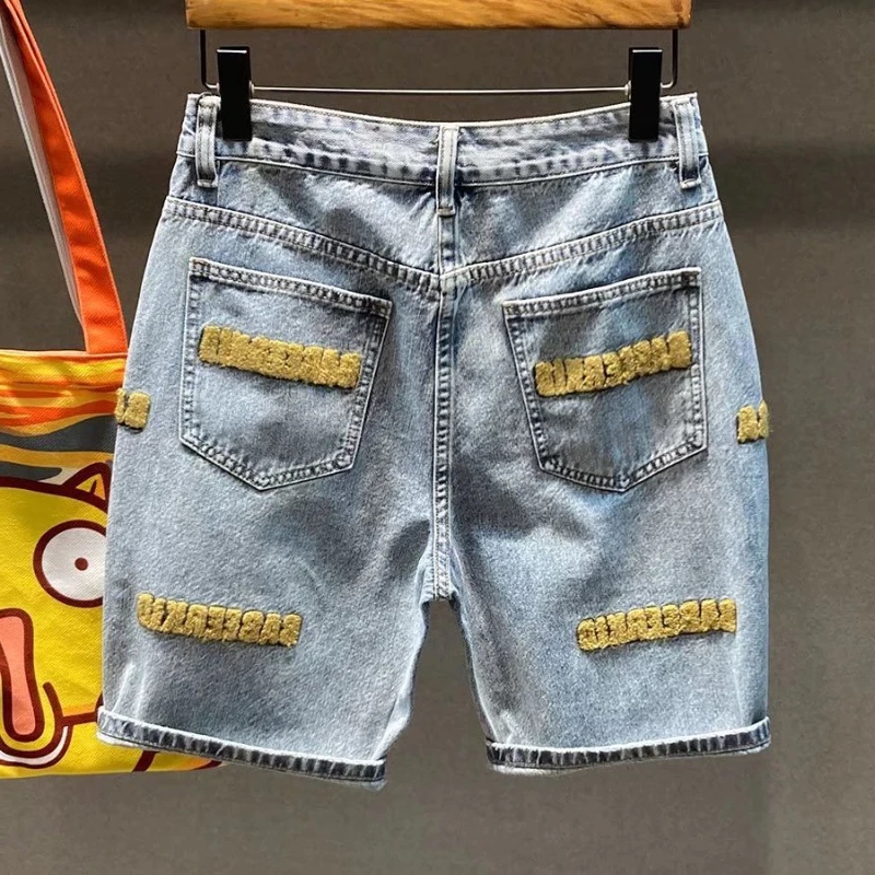 Man Denim Shorts With Text Short Jeans Pants For Men Graphic Blue Retro Harajuku Streetwear New In Wide Buttons Trend Unique Xl