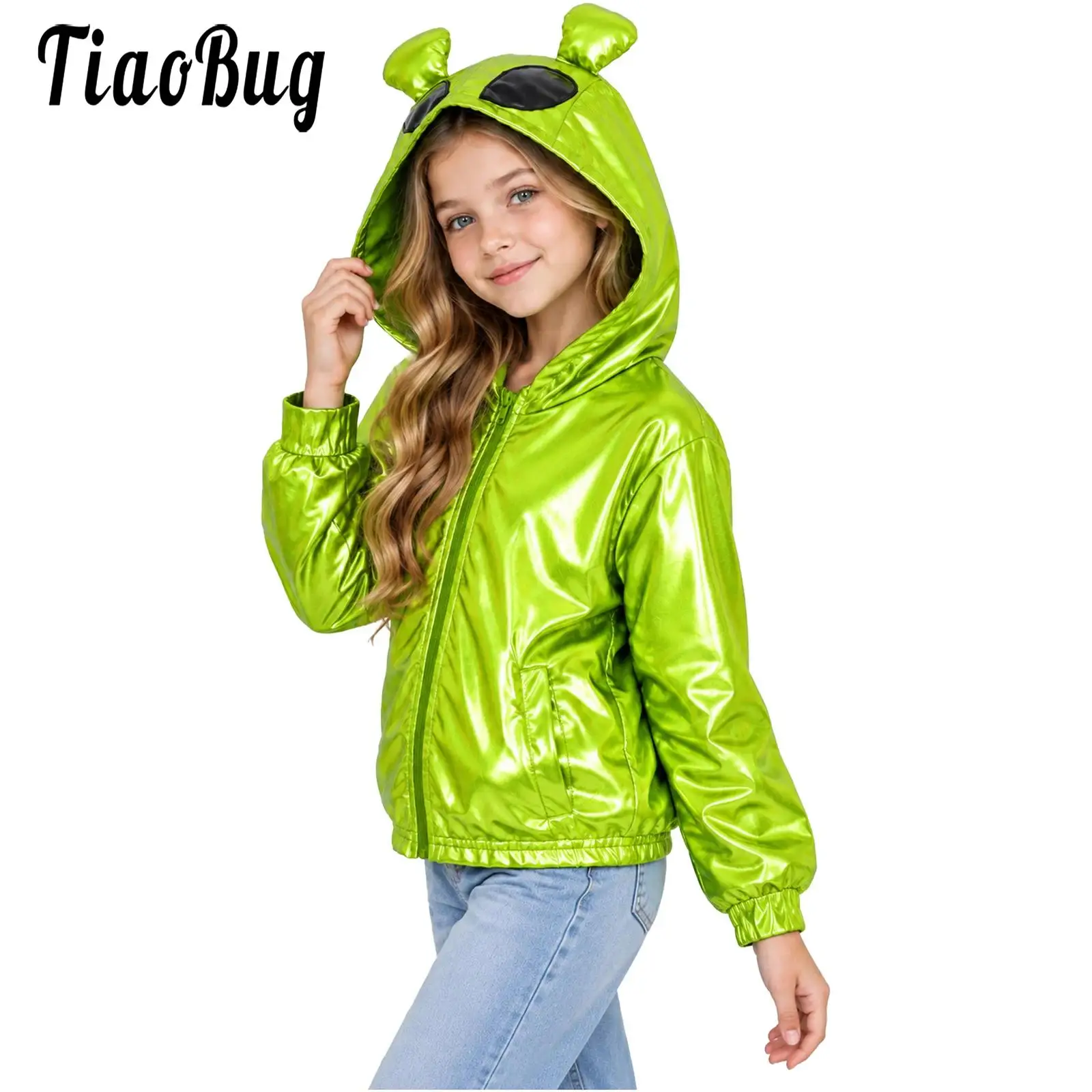 Kids Boys Girls Alien Metallic Hip Hop Street Jazz Dance Jacket Long Sleeves Zipper Hooded Outerwear for Halloween Theme Party