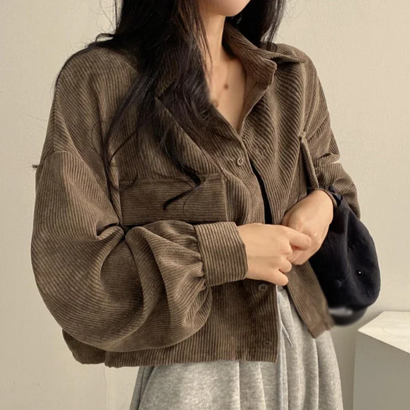 Women Spring Autumn Vintage Corduroy Long Sleeve Button Cardigan Jacket Crop Corduroy Jacket Loose Lapel Chic Short Coat