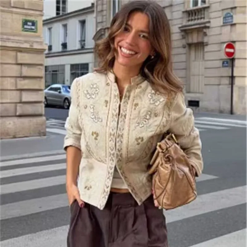 Women's Positioning Print Jackets Autumn New Stand Neck Long Sleeve Short Coats Fashion Casual Female Vintage Outerwear