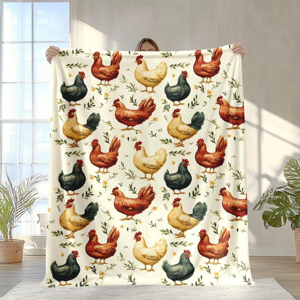 

1pc Charming Chicken & Greenery Pattern Flannel Blanket - Soft, Warm, and Cozy | Ideal for Naps, Camping, Travel, and Office