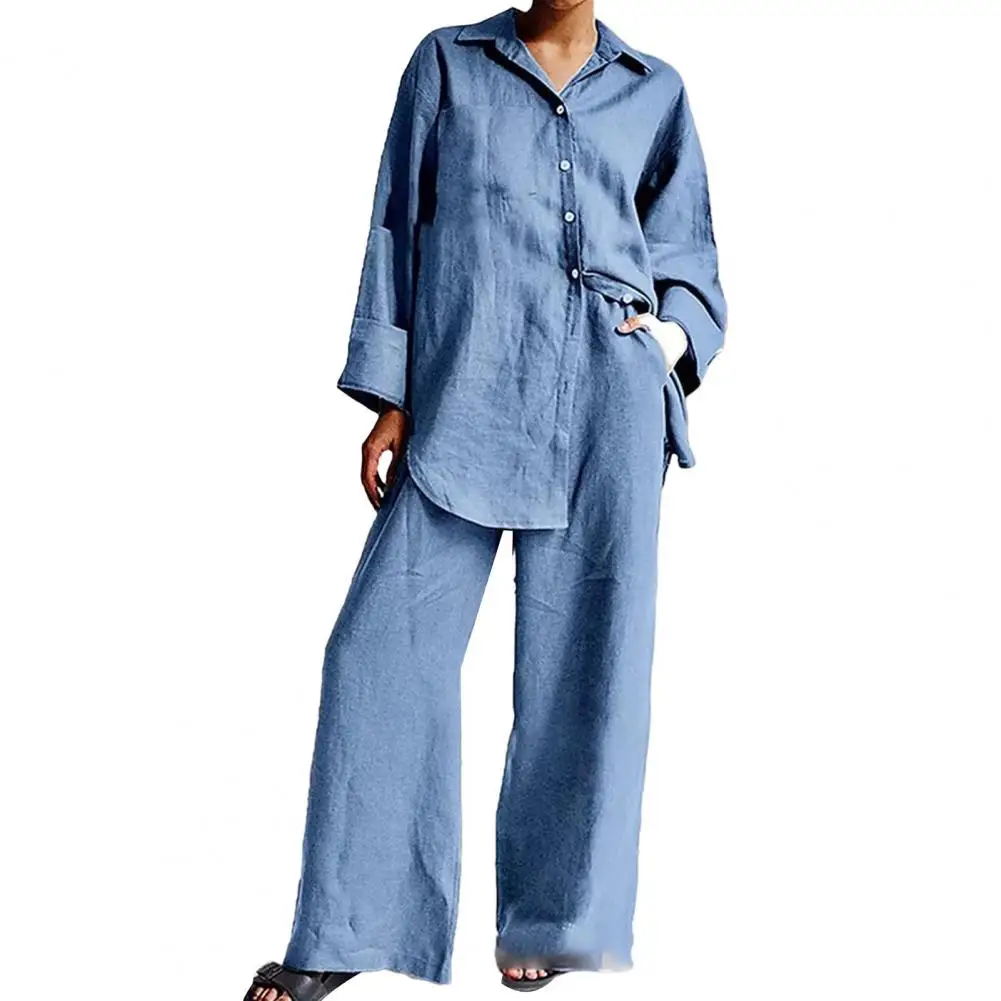 Women Cotton Linen Chic 2 Piece Set Casual Lapel Single Breasted And Wide Leg Pants Sets 2023 Summer Loose Female Vacation Suits