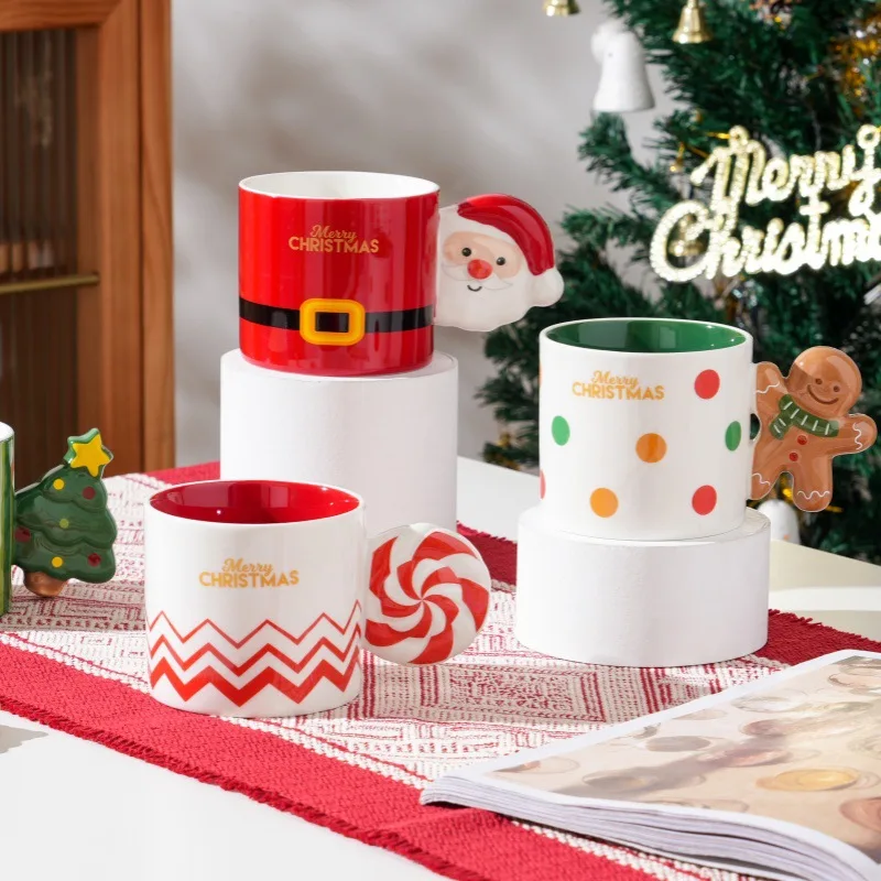 Santa Claus Gingerbread Man Ceramic Mug, Creative Holiday Theme Water Cup,Christmas Gift Office Coffee Cup, Milk Cup with Handle
