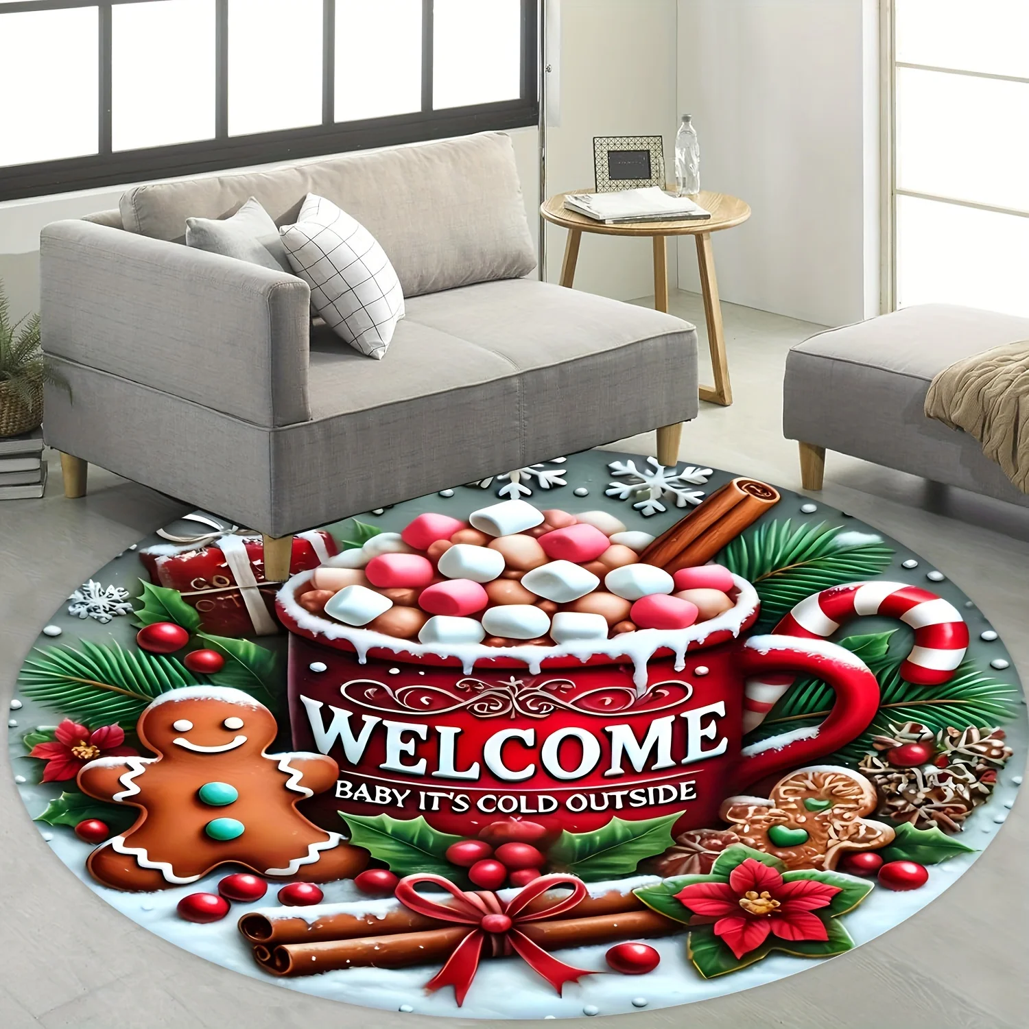 Round Floor Mat Christmas Holly Wreath Design Red Bow Music Note Print Carpet For Festive Living Room Decor