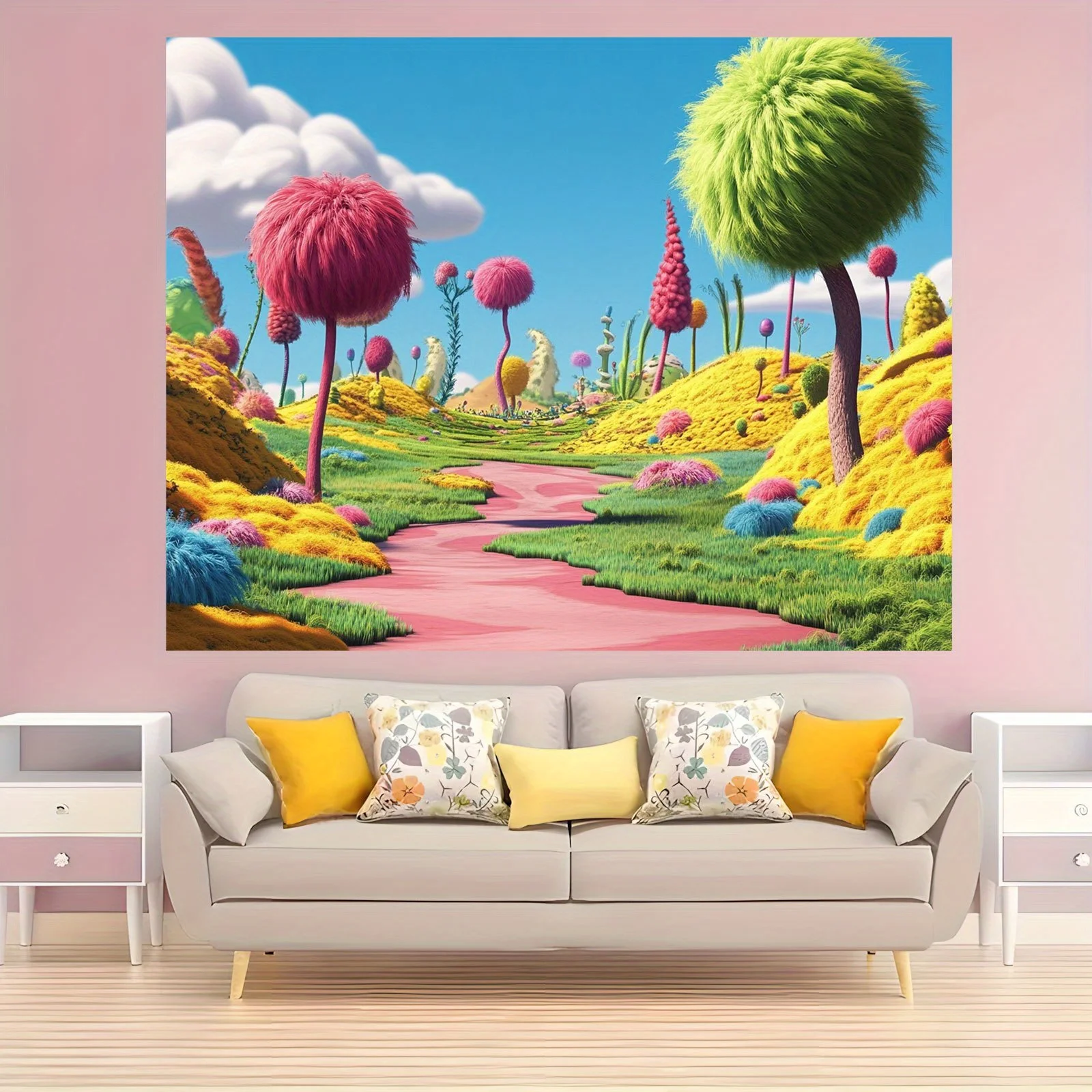 Fantasy Sesame Street Party Banner - Vibrant pink, green and yellow trees,
