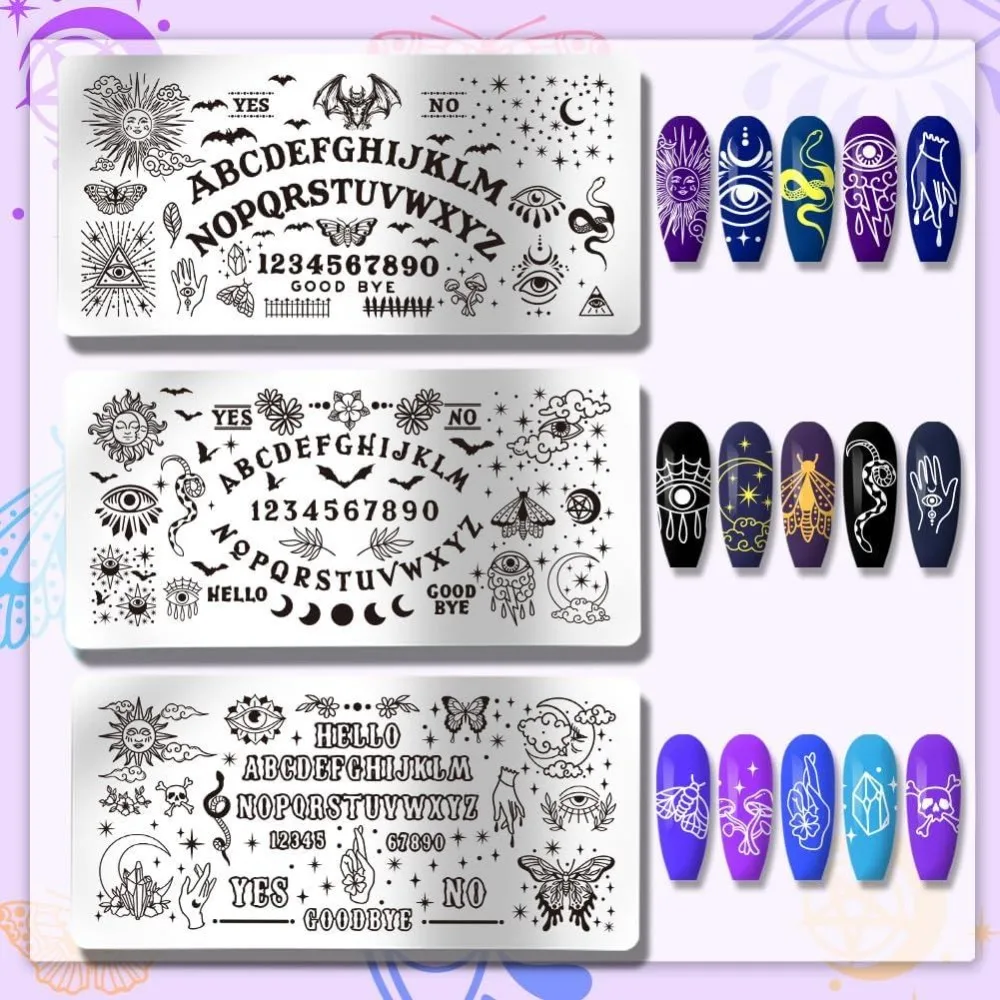 3pcs Divination Nail Art Templates Sun Moon Star Nail Stamping Plate Letter Number Snake of Eyes Moth Nail Stencil