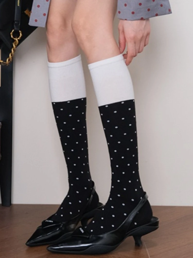 Fashion Color-block Cotton Knitted Stockings College Style Polka Dots Knee High Socks Women Ballet Versatile Casual Hosiery New