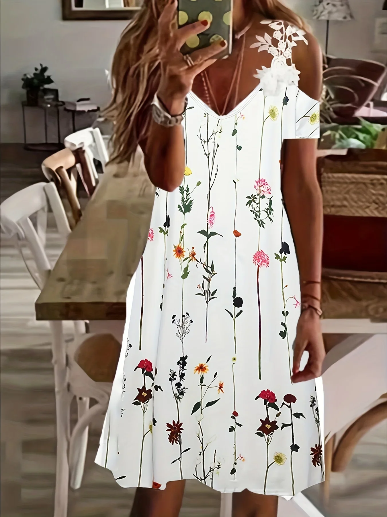 Damen Trägerloses Spitzenkleid mit Fledermausärmeln Bedruckter Rock 2026 Modisches Elegantes Maxikleid für Besondere Anlässe – Detail 9