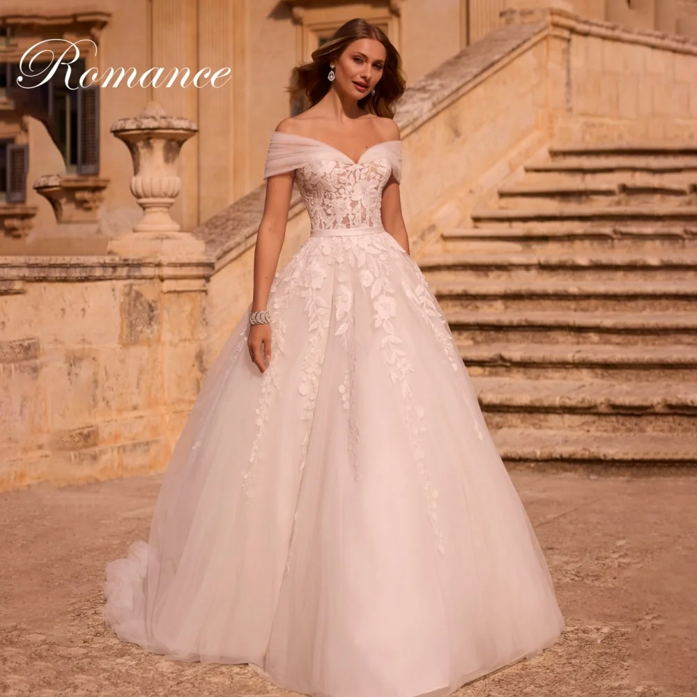 

Elegant Appliques Off The Shoulder A-Line Wedding Dresses Women Lace Backless V-Neck Pleat Tulle Vestidos De Novia Customized