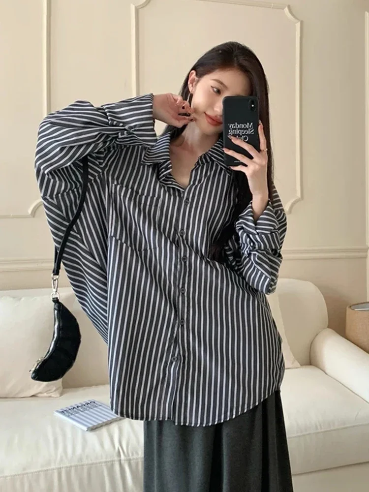 

Zoki женская полосатая винтажная корейская рубашка повседневная свободная элегантная блузка с длинным рукавом ретро женские универсальные весенние топы в стиле Харадзюку новые