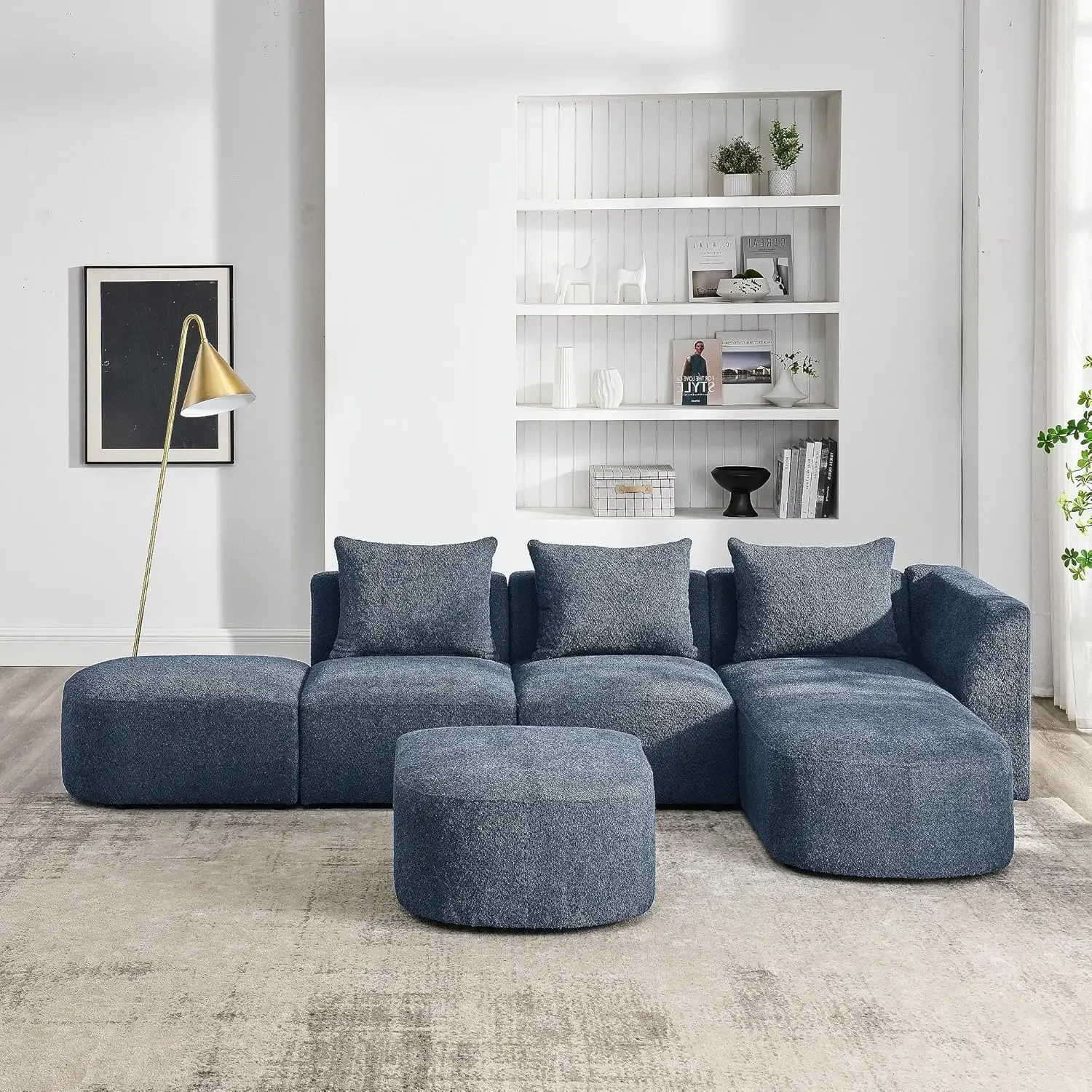 Modern Modular Sectional Sofa, L Shaped Reversible Convertible Sofa Couch with Right Chaise, Ottomans, Loop Yarn Fabric