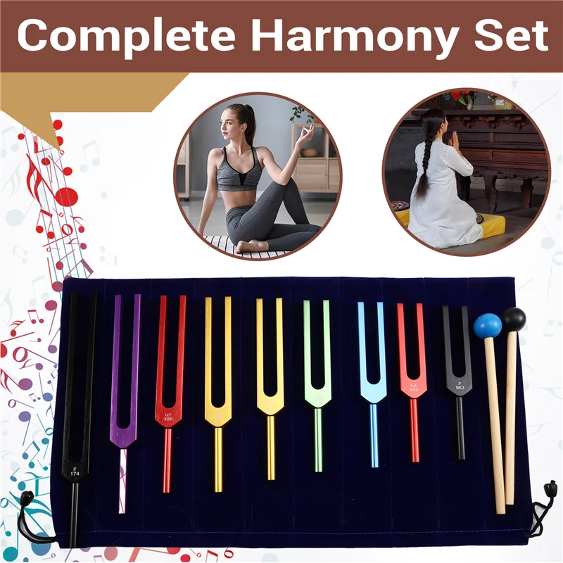 

B72A Healing Meditation 9-Color Tuning Forks Kit With Hammer In Wooden Case For Yoga And Relaxation Techniques