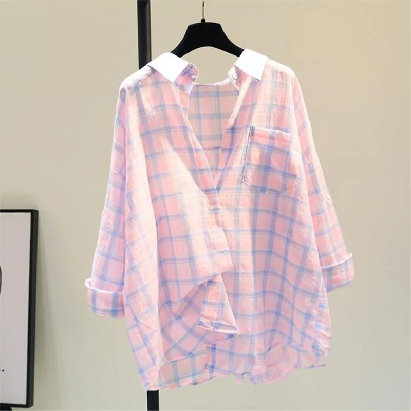 Three color single pocket cotton linen plaid shirt for women\'s 2023 summer new sunscreen shirt Korean version loose casual shirt