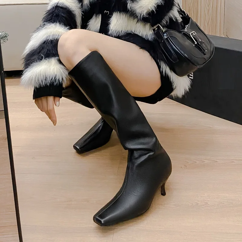 Mid Calf High Boots Kitten Heel Ladies Cowhide Leather Shoes Spring Autumn Women Boots Sip On Elegant Shoes Square Toe Size 40